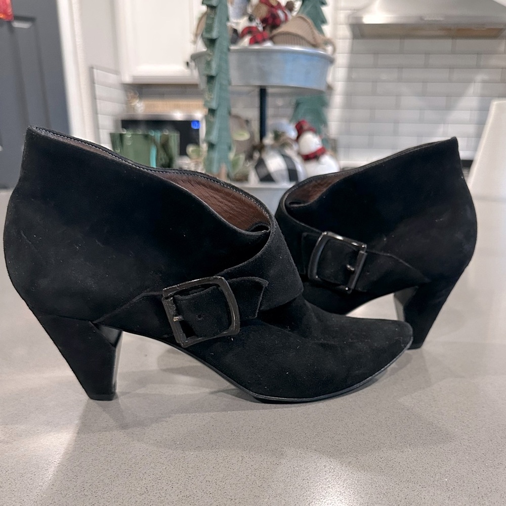 Sigerson Morrison Genuine Suede Buckle Slip On Notched Heel Ankle Boot Booties